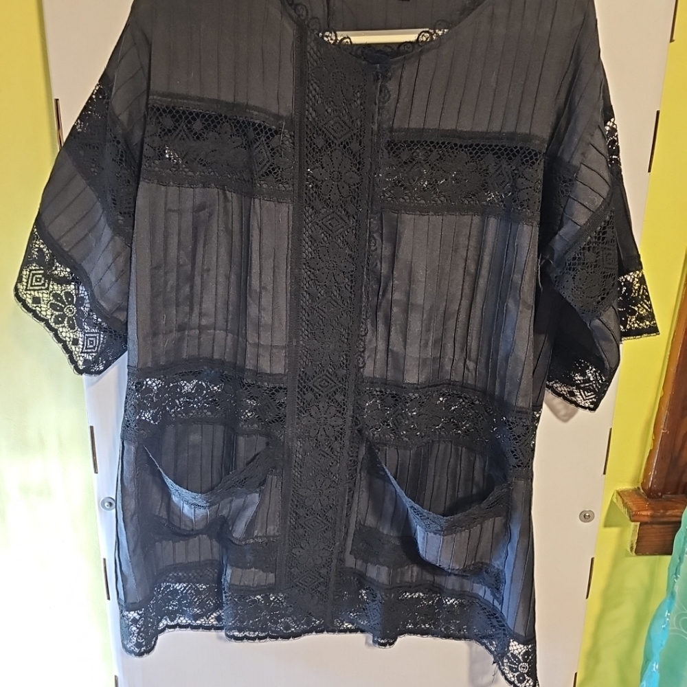 New Vintage Women's 1980's Black Lace Kimono Swimsuit Cover Cardegan Size 46
